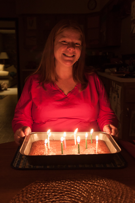 Heather's birthday, earlier in January, with a pan of brownies instead of cake. 