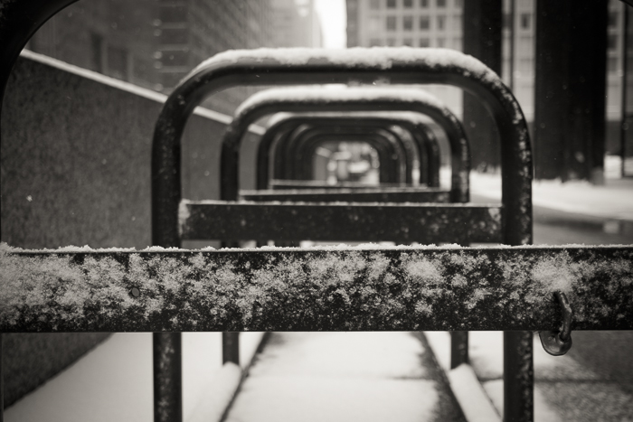 Daley Plaza bike rack in the snow.  Loop, Chicago